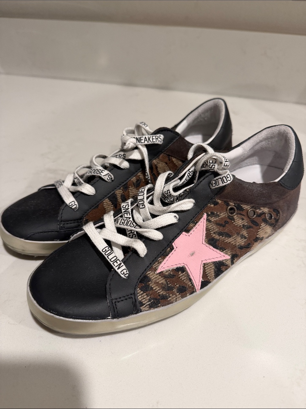 Golden Goose Leopard Print Low-Top Sneakers with Pink Star
